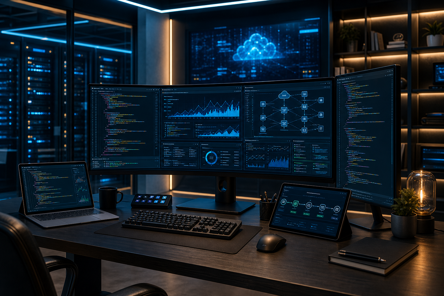 High-tech AI engineering workspace with code dashboards and cloud infrastructure displays