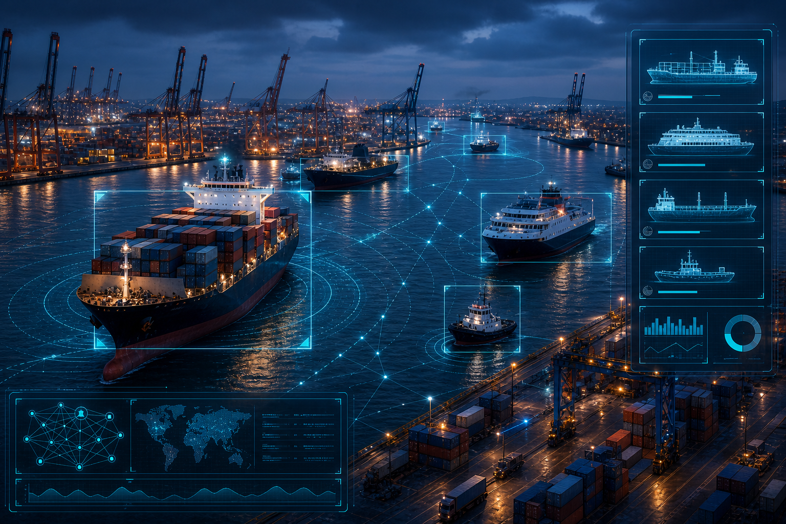 Intelligent port operations scene with cargo vessels, cranes, and vessel classification overlays