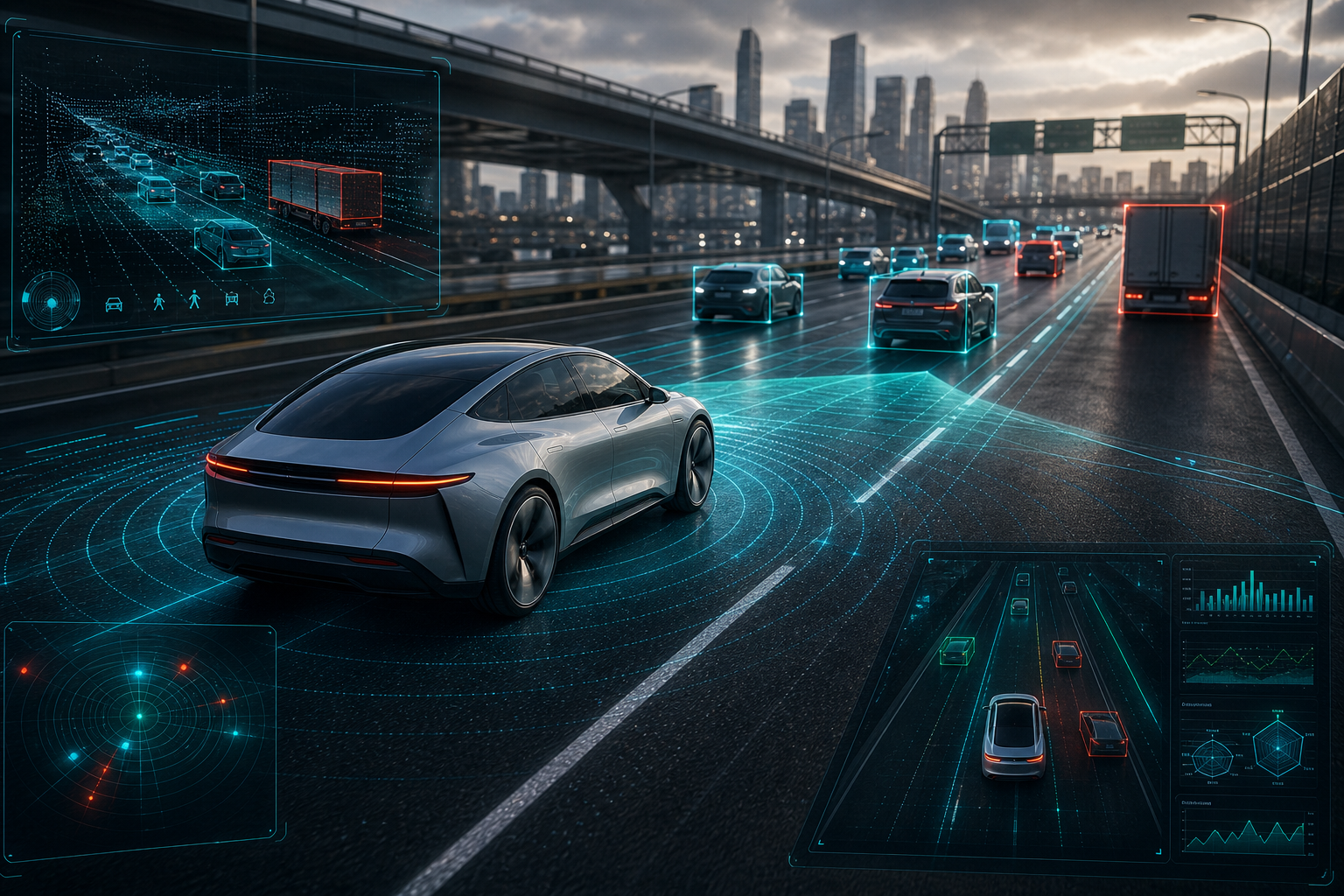 Autonomous vehicle on a smart highway with detection overlays and analytics panels