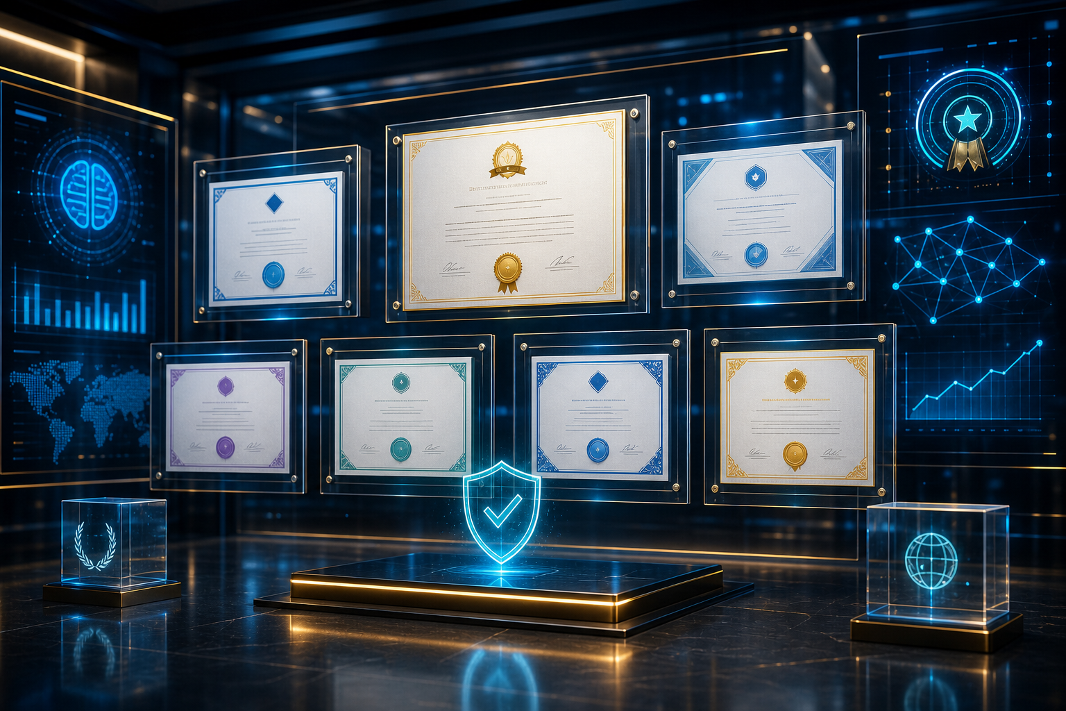 Premium digital credential wall with verified AI and technical certificates