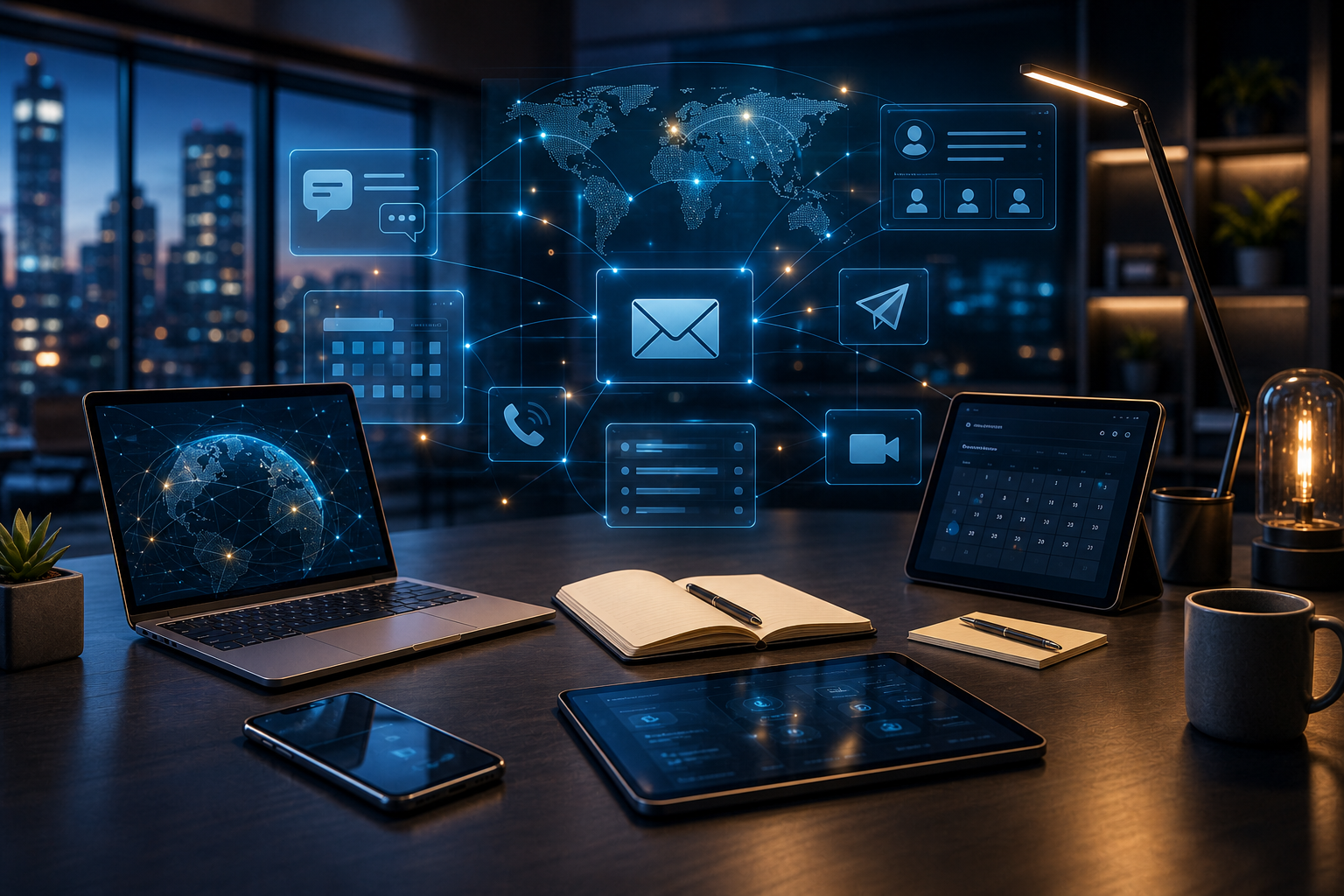 Technology-focused collaboration workspace with communication network overlays