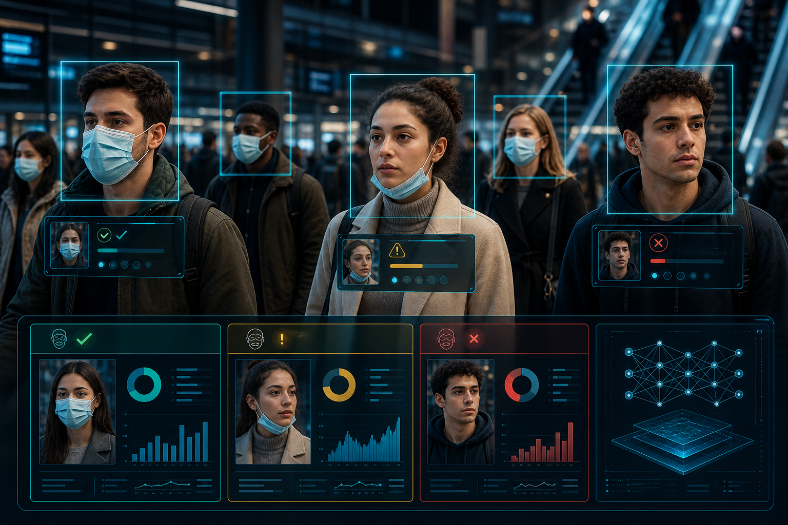 Face mask detection scene with computer vision overlays and three-class classification cues