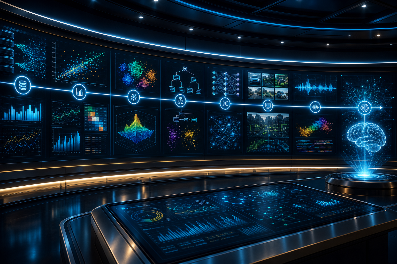 Futuristic AI learning journey wall showing progression from data science to deep learning