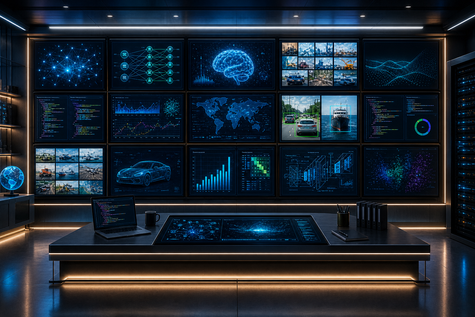 Wall of AI project screens showing models, charts, notebooks, and demo panels